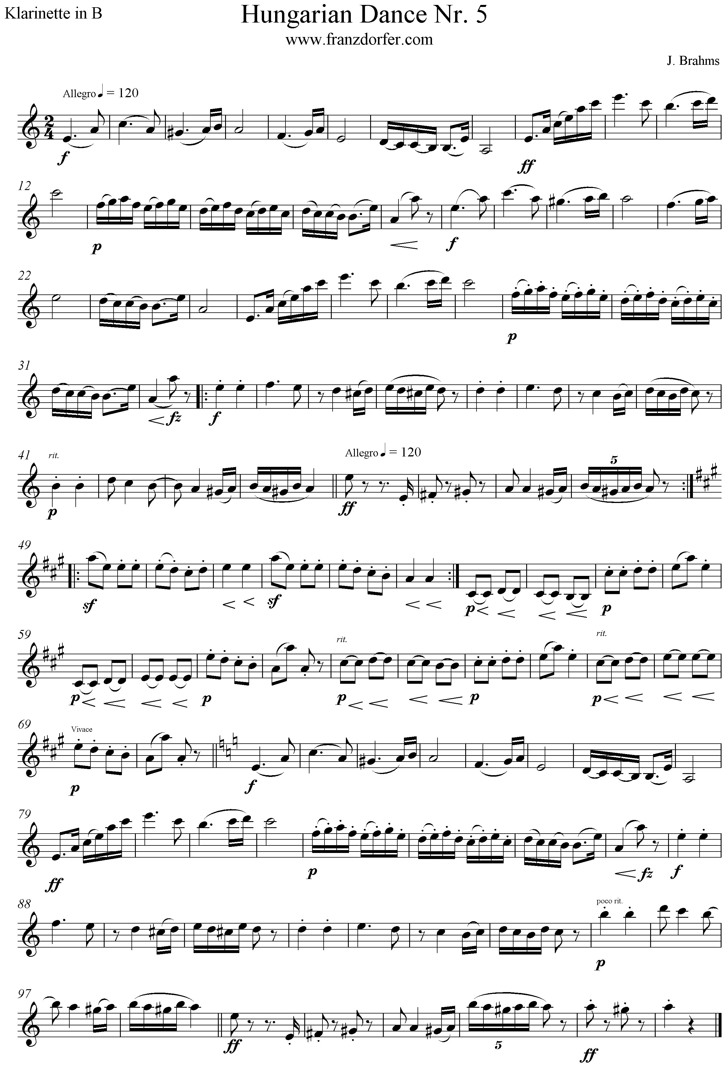 Noten Ungarischer Tanz - Klarinette